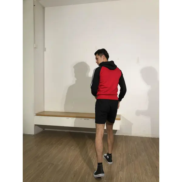 BD-MO-123 Order online hooded knitted uniforms, models try on, red hit black sweater, white stripe, hooded knitted sweater supplier