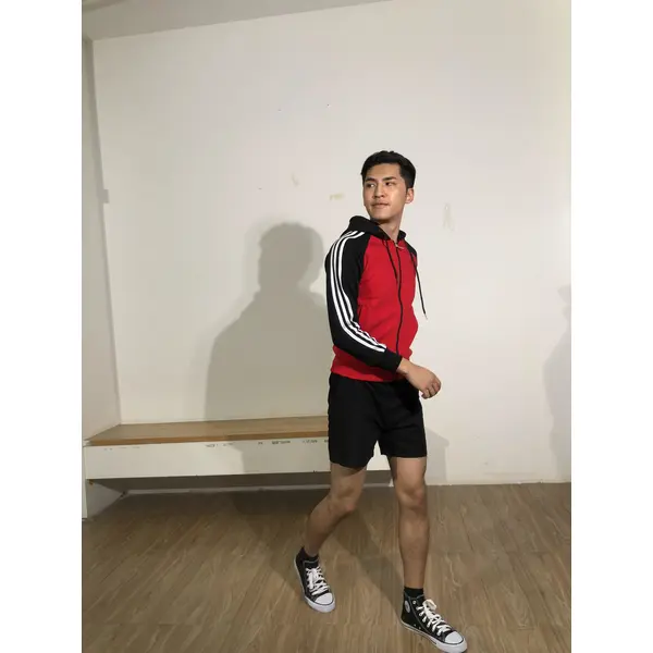 BD-MO-123 Order online hooded knitted uniforms, models try on, red hit black sweater, white stripe, hooded knitted sweater supplier