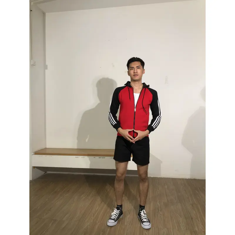 BD-MO-123 Order online hooded knitted uniforms, models try on, red hit black sweater, white stripe, hooded knitted sweater supplier