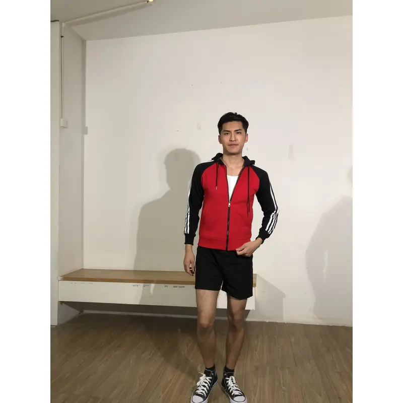 BD-MO-123 Order online hooded knitted uniforms, models try on, red hit black sweater, white stripe, hooded knitted sweater supplier