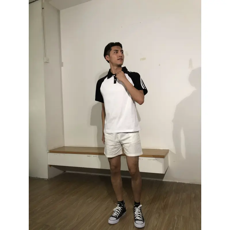 bd-mo-007 定制男士短袖polo衫供應黑白配色白色條紋polo衫現場秀現場試穿polo衫中心 