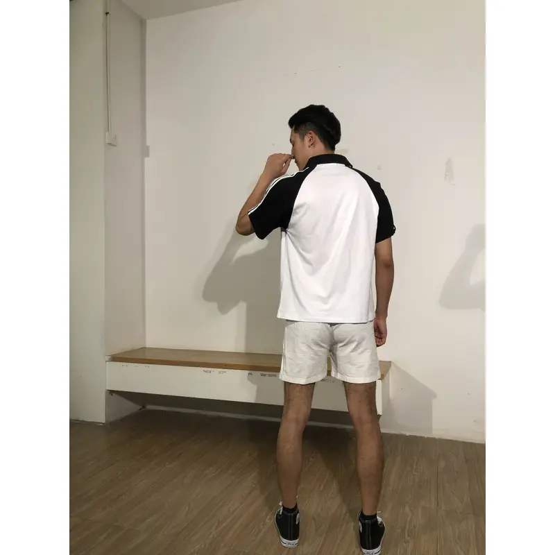bd-mo-007 定制男士短袖polo衫供應黑白配色白色條紋polo衫現場秀現場試穿polo衫中心 