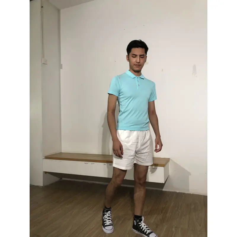 bd-mo-009 定制男士短袖polo衫，藍色polo衫，現場表演，模特試穿polo衫製造商 
