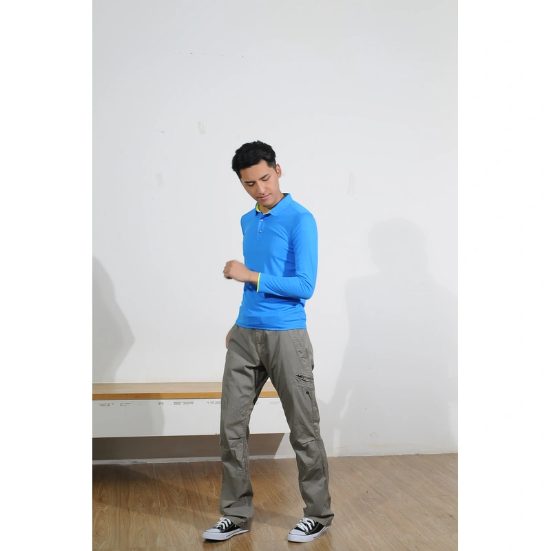 bd-mo-012 訂購藍色長袖 polo 衫，定制黃色對比袖 polo 衫，現場表演 polo 衫特許經營權 