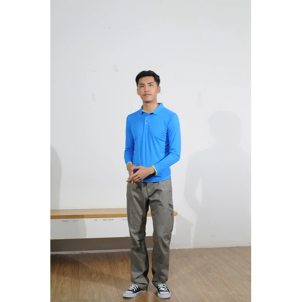 bd-mo-012 訂購藍色長袖 polo 衫，定制黃色對比袖 polo 衫，現場表演 polo 衫特許經營權 