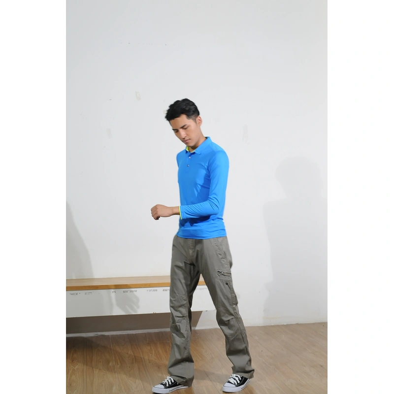 bd-mo-012 訂購藍色長袖 polo 衫，定制黃色對比袖 polo 衫，現場表演 polo 衫特許經營權 