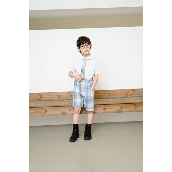 BD-MO-148 Custom-made JK style blue and white short-sleeved school uniform suit, waist elastic design, comfortable and convenient, real person try on model demonstration