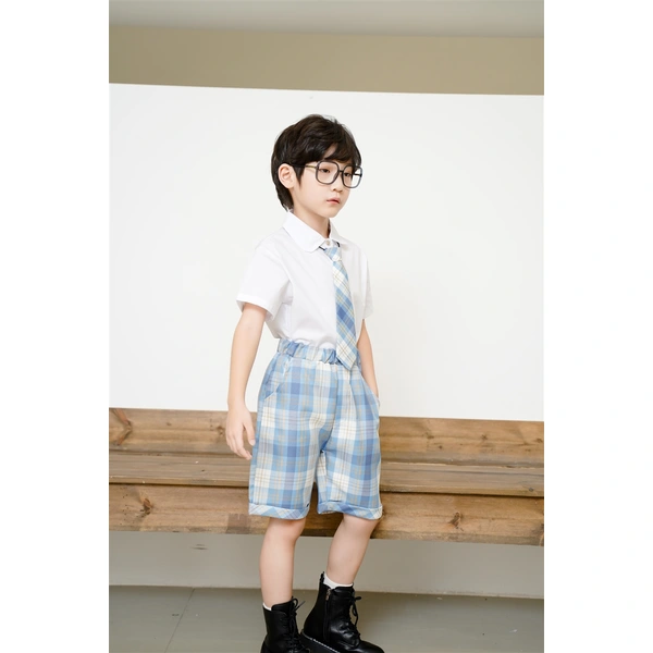BD-MO-148 Custom-made JK style blue and white short-sleeved school uniform suit, waist elastic design, comfortable and convenient, real person try on model demonstration