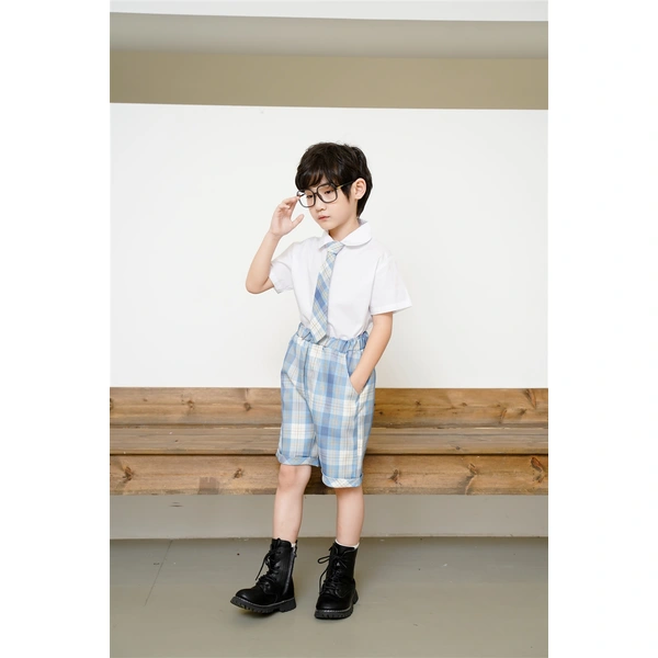 BD-MO-148 Custom-made JK style blue and white short-sleeved school uniform suit, waist elastic design, comfortable and convenient, real person try on model demonstration