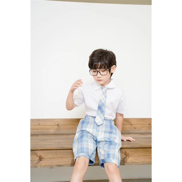 BD-MO-148 Custom-made JK style blue and white short-sleeved school uniform suit, waist elastic design, comfortable and convenient, real person try on model demonstration