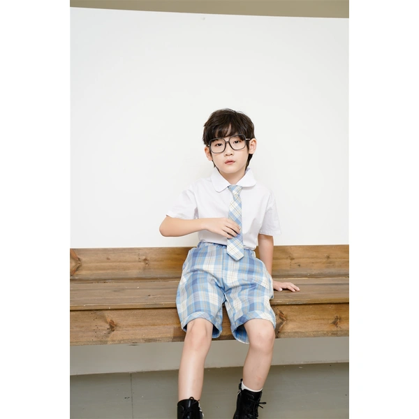 BD-MO-148 Custom-made JK style blue and white short-sleeved school uniform suit, waist elastic design, comfortable and convenient, real person try on model demonstration
