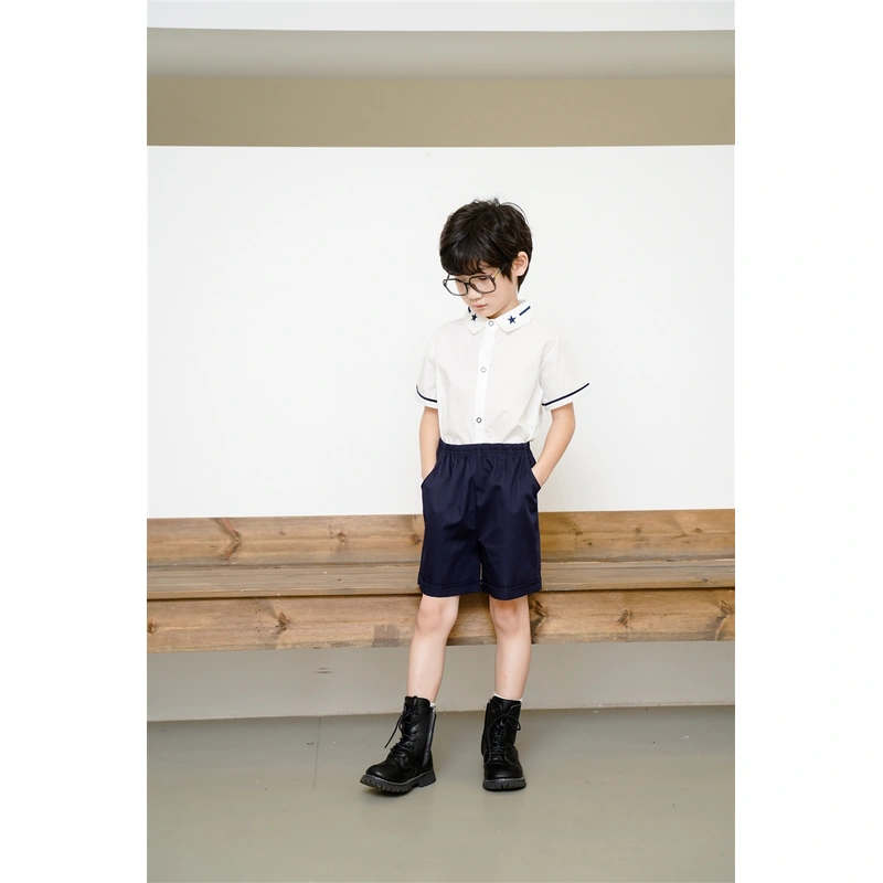 BD-MO-150 Design elastic waistband Custom-made summer short-sleeved British style school uniforms Real people try on model demonstration School uniform manufacturing factory