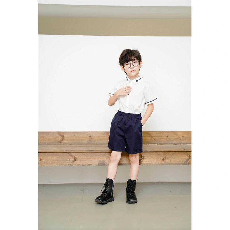 BD-MO-150 Design elastic waistband Custom-made summer short-sleeved British style school uniforms Real people try on model demonstration School uniform manufacturing factory