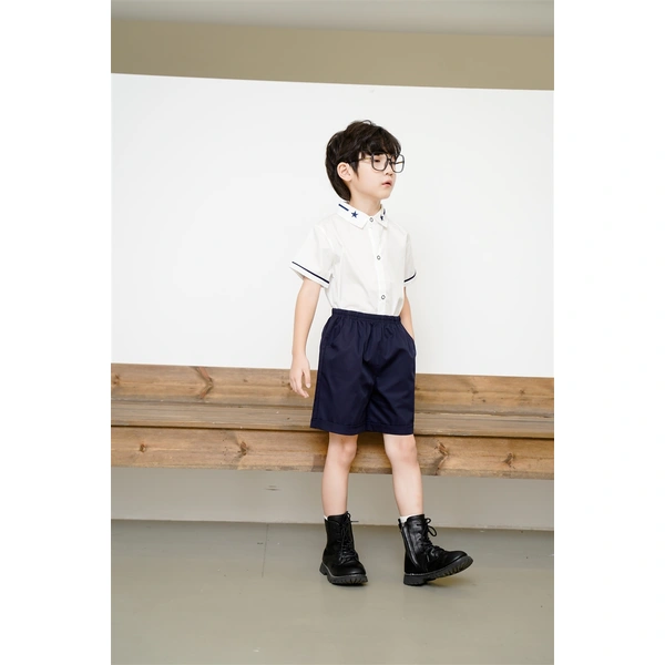 BD-MO-150 Design elastic waistband Custom-made summer short-sleeved British style school uniforms Real people try on model demonstration School uniform manufacturing factory
