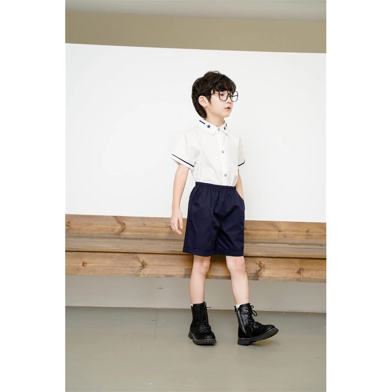 BD-MO-150 Design elastic waistband Custom-made summer short-sleeved British style school uniforms Real people try on model demonstration School uniform manufacturing factory