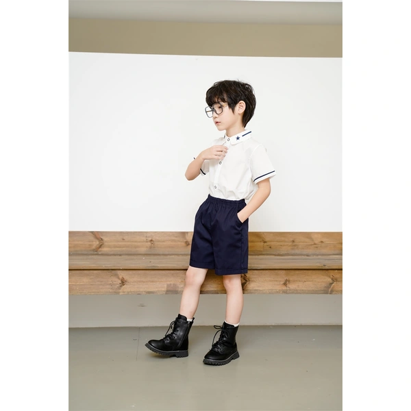 BD-MO-150 Design elastic waistband Custom-made summer short-sleeved British style school uniforms Real people try on model demonstration School uniform manufacturing factory