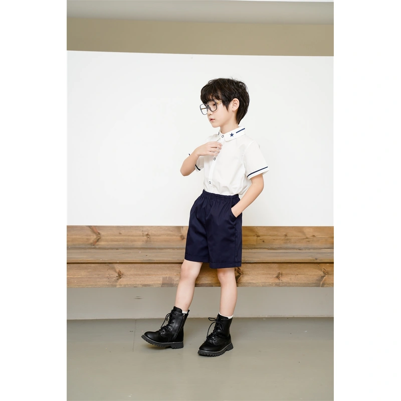 BD-MO-150 Design elastic waistband Custom-made summer short-sleeved British style school uniforms Real people try on model demonstration School uniform manufacturing factory