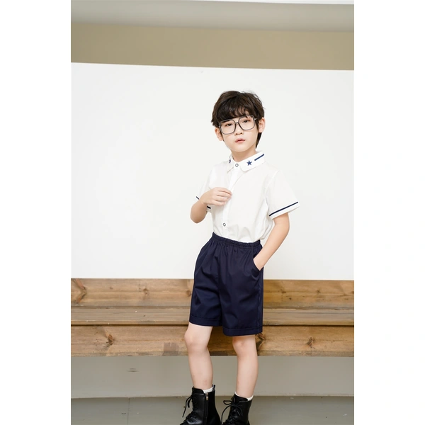 BD-MO-150 Design elastic waistband Custom-made summer short-sleeved British style school uniforms Real people try on model demonstration School uniform manufacturing factory
