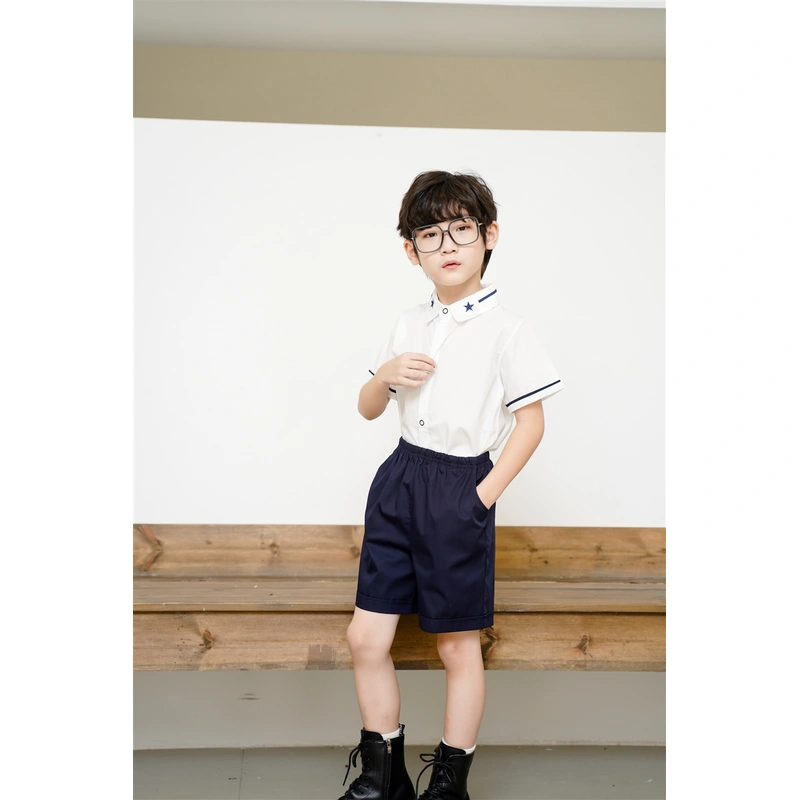 BD-MO-150 Design elastic waistband Custom-made summer short-sleeved British style school uniforms Real people try on model demonstration School uniform manufacturing factory