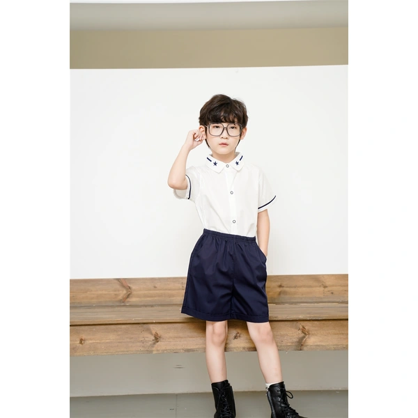 BD-MO-150 Design elastic waistband Custom-made summer short-sleeved British style school uniforms Real people try on model demonstration School uniform manufacturing factory