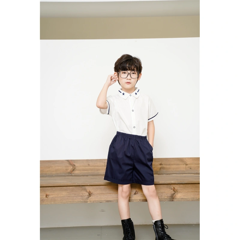 BD-MO-150 Design elastic waistband Custom-made summer short-sleeved British style school uniforms Real people try on model demonstration School uniform manufacturing factory