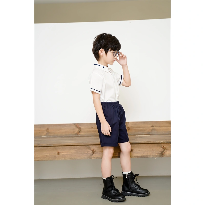 BD-MO-150 Design elastic waistband Custom-made summer short-sleeved British style school uniforms Real people try on model demonstration School uniform manufacturing factory