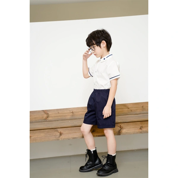 BD-MO-150 Design elastic waistband Custom-made summer short-sleeved British style school uniforms Real people try on model demonstration School uniform manufacturing factory
