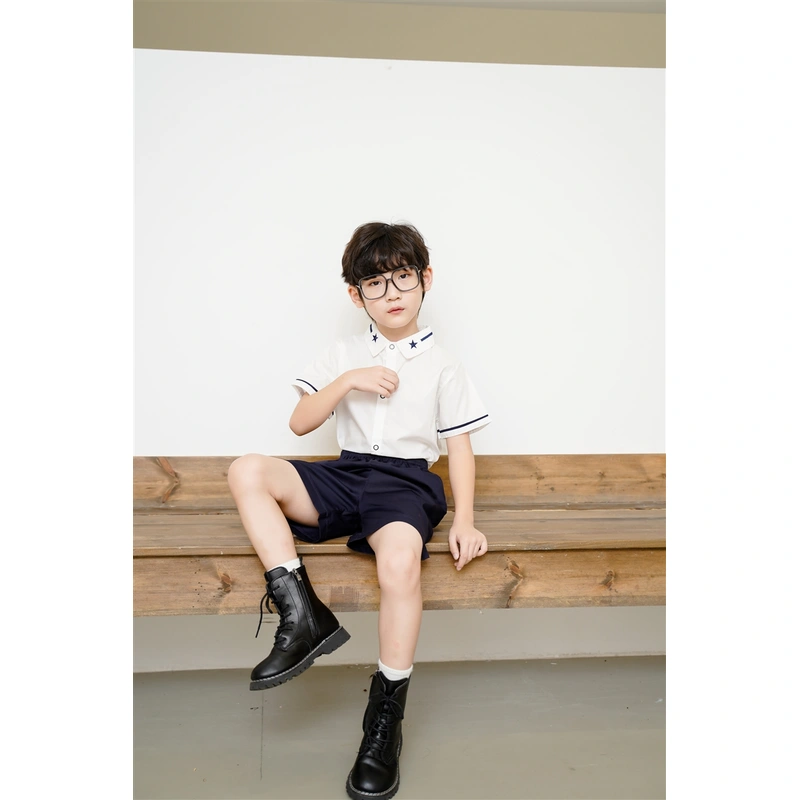 BD-MO-150 Design elastic waistband Custom-made summer short-sleeved British style school uniforms Real people try on model demonstration School uniform manufacturing factory