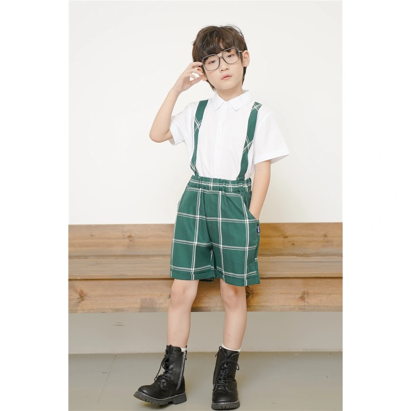 BD-MO-152 Design fashion green plaid shorts, custom-made contrast shirts, school uniforms, comfortable and convenient, elastic trousers design, real people try on, model demonstration