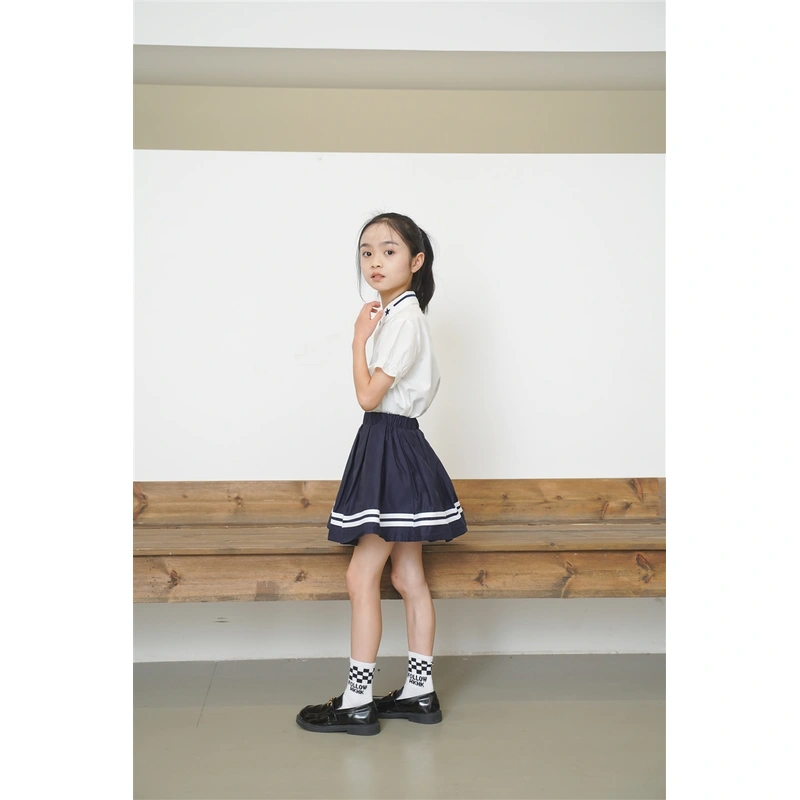 BD-MO-161 Design British style shirt and school uniform suit Custom-made cuffs with contrasting stripes, school skirts design with anti-glare safety pants, neckline with contrasting stripes design, school uniform manufacturing factory