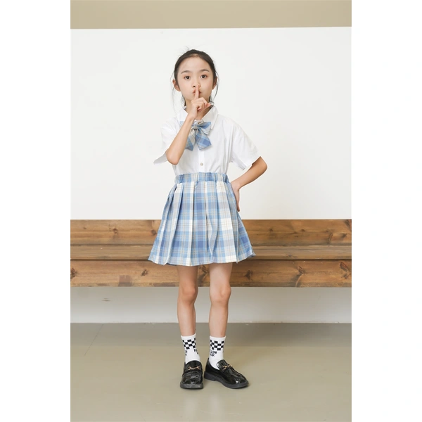 BD-MO-163 Design JK wind blue and white short-sleeved children's school uniform, customized plaid skirt, anti-glare lining, waist elastic design
