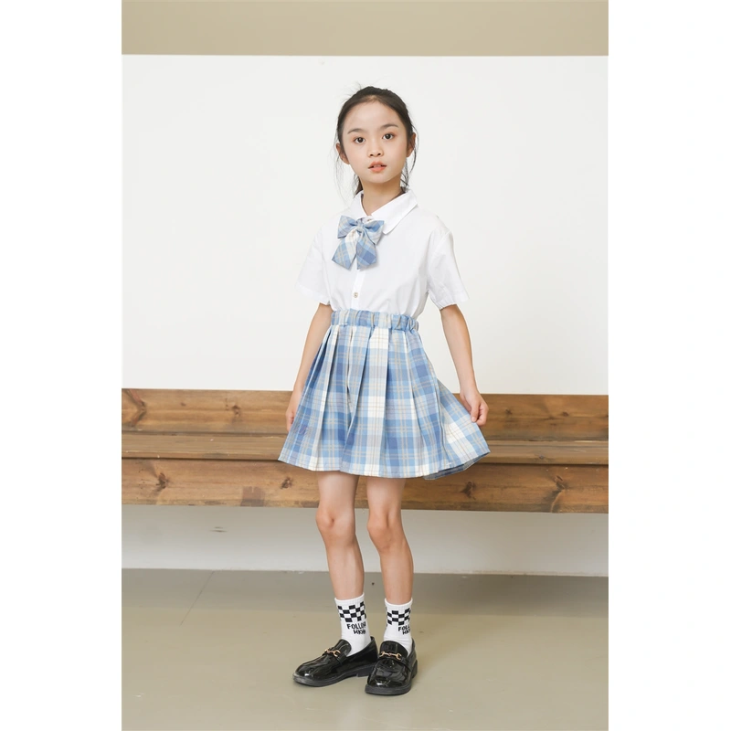 BD-MO-163 Design JK wind blue and white short-sleeved children's school uniform, customized plaid skirt, anti-glare lining, waist elastic design
