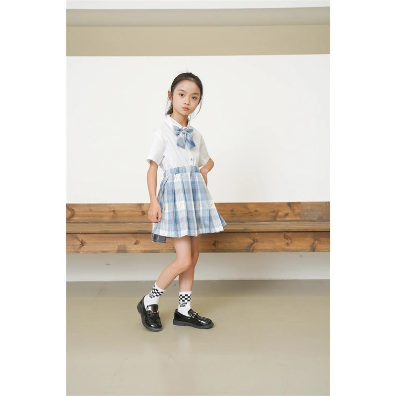 BD-MO-163 Design JK wind blue and white short-sleeved children's school uniform, customized plaid skirt, anti-glare lining, waist elastic design