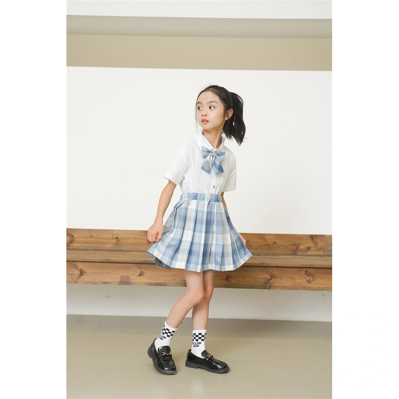 BD-MO-163 Design JK wind blue and white short-sleeved children's school uniform, customized plaid skirt, anti-glare lining, waist elastic design