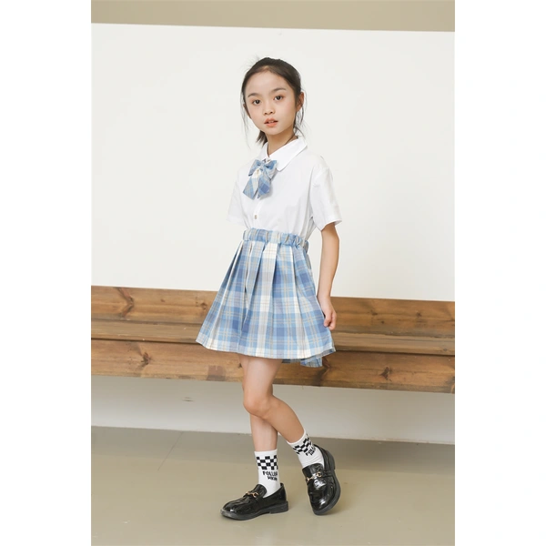 BD-MO-163 Design JK wind blue and white short-sleeved children's school uniform, customized plaid skirt, anti-glare lining, waist elastic design