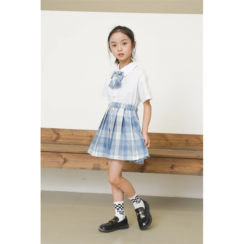 BD-MO-163 Design JK wind blue and white short-sleeved children's school uniform, customized plaid skirt, anti-glare lining, waist elastic design