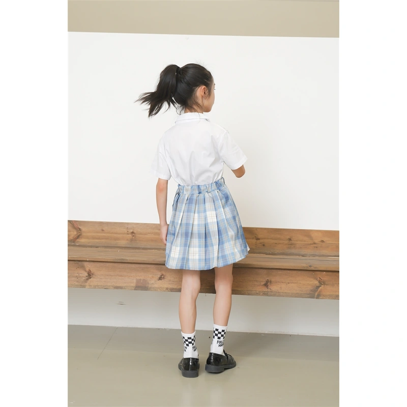 BD-MO-163 Design JK wind blue and white short-sleeved children's school uniform, customized plaid skirt, anti-glare lining, waist elastic design
