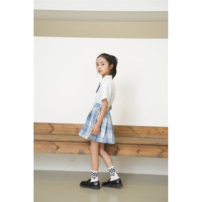 BD-MO-163 Design JK wind blue and white short-sleeved children's school uniform, customized plaid skirt, anti-glare lining, waist elastic design