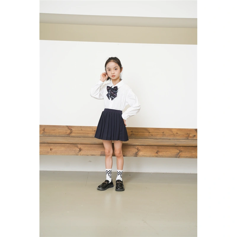 BD-MO-164 Custom-made two-piece sports style children's school uniforms Design shirt school uniforms Double layer anti-glare school uniform skirts Real people try on model demonstrations