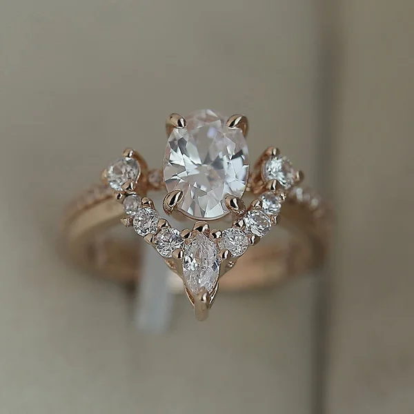 Japanese and Korean women's jewelry oval zircon set ring engagement ring rose gold plated micro inlaid zircon ring accessories