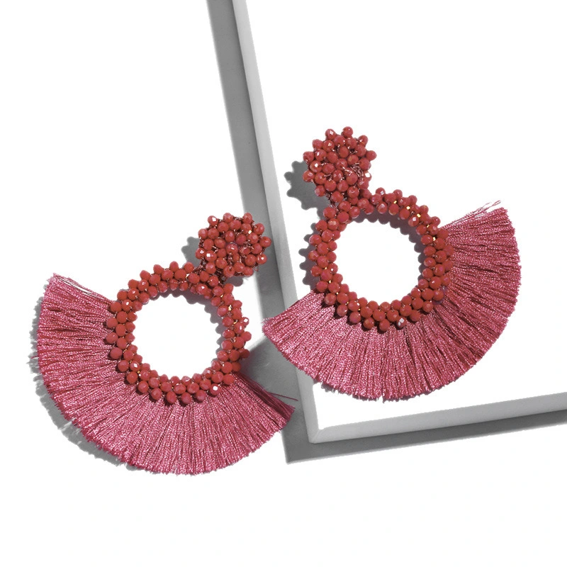 New accessories Bohemian fashion personality women's exaggerated hand-woven rice bead tassel earrings ern02