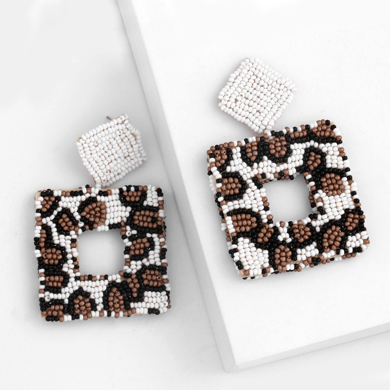 Clearance earrings jewelry leopard print rice bead earrings geometric square earrings wholesale erq16