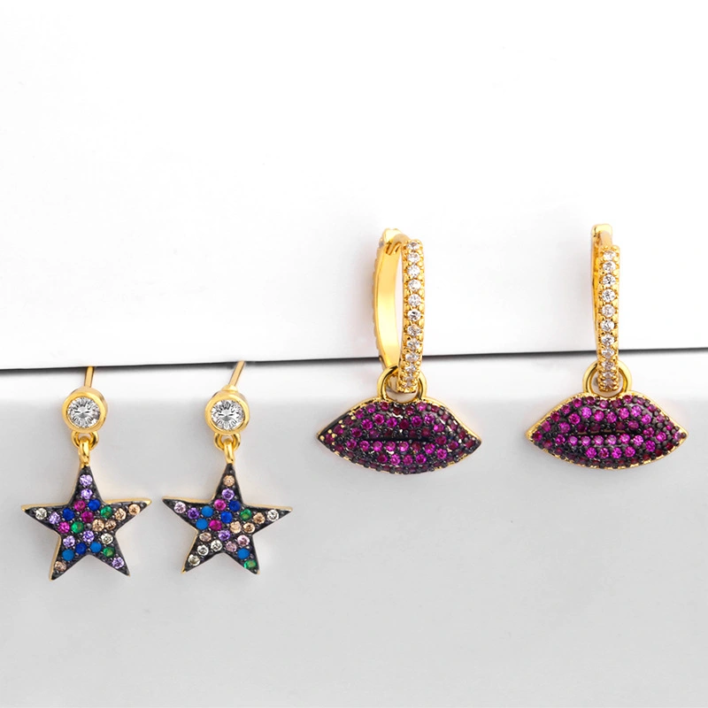 Clearance fashion girl lips star earrings earrings versatile micro-inlaid colorful zircon earrings female wholesale erq28