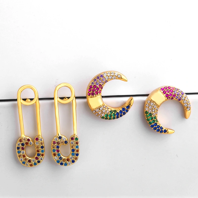 Clearance earring European and American style micro-inlaid colored zircon pin earrings crescent diamond earrings female erq38