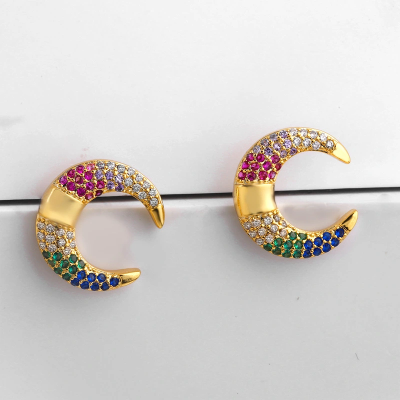 Clearance earring European and American style micro-inlaid colored zircon pin earrings crescent diamond earrings female erq38