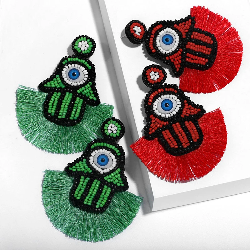 Clearance hot sale rice bead tassel earrings personality big eyes hand-woven rice bead earrings erq87