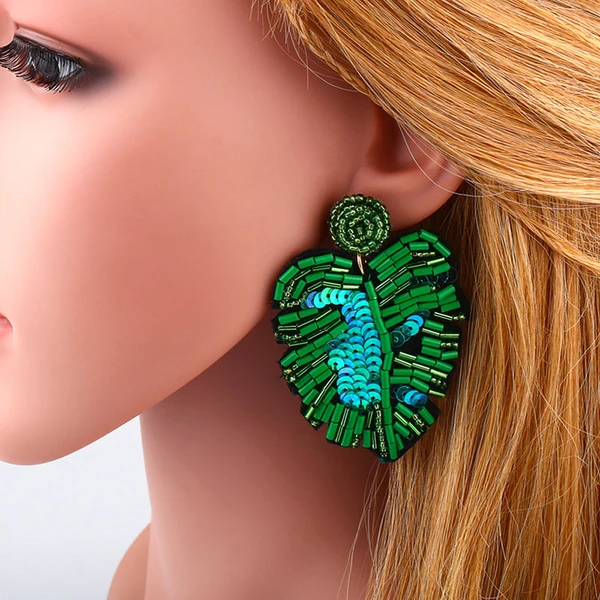 Creative new earrings Bohemian leaf rice bead earrings female exaggerated personality earrings source erq85