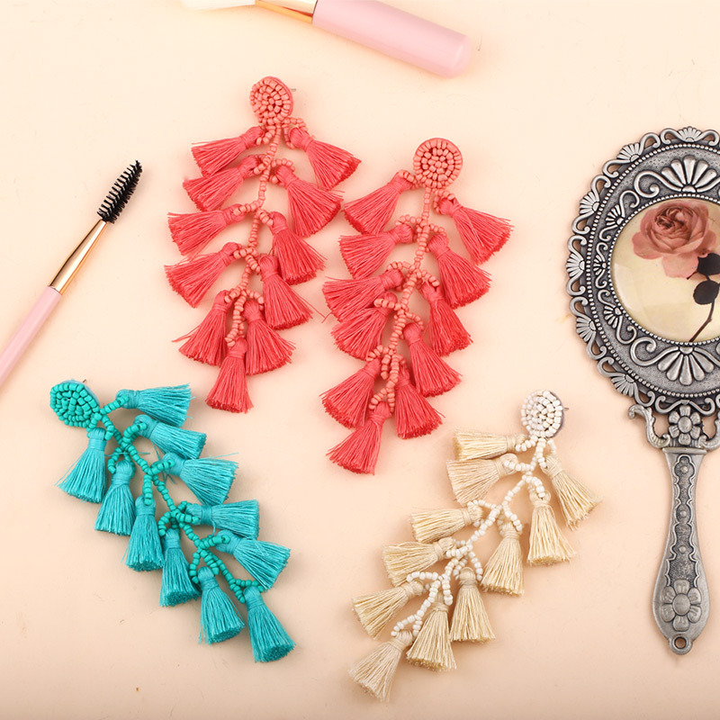 Clearance long Bohemian multi-layer tassel earrings wholesale new handmade rice bead earrings for women erq86