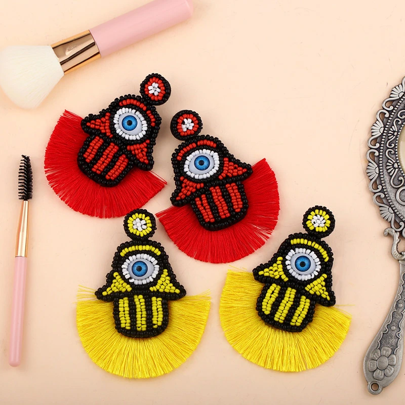 Clearance hot sale rice bead tassel earrings personality big eyes hand-woven rice bead earrings erq87