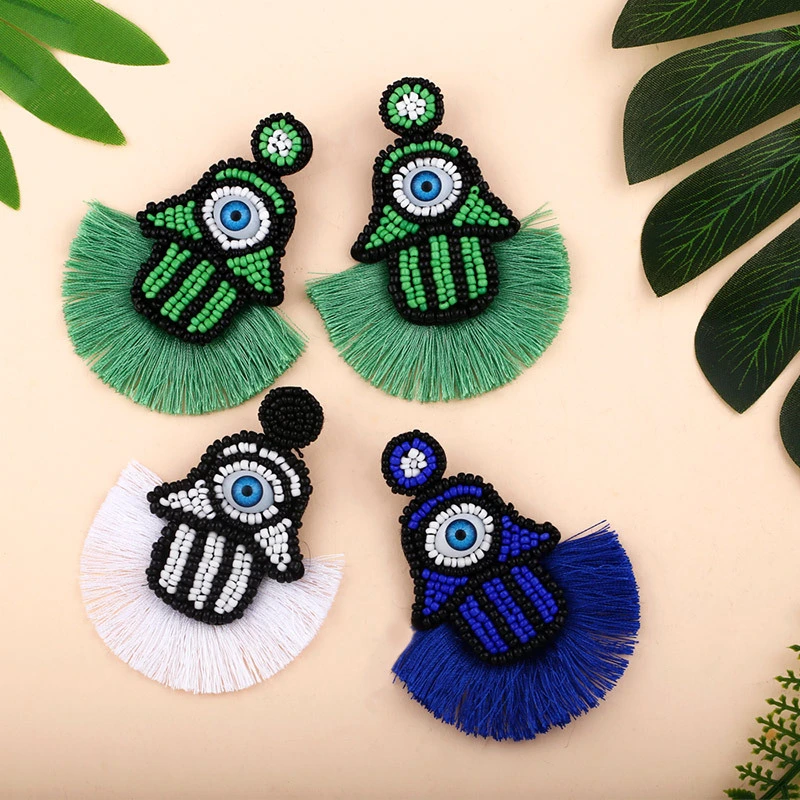 Clearance hot sale rice bead tassel earrings personality big eyes hand-woven rice bead earrings erq87